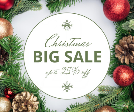 Christmas Sale Promotion with Decorated Fir Branches Facebook Design Template