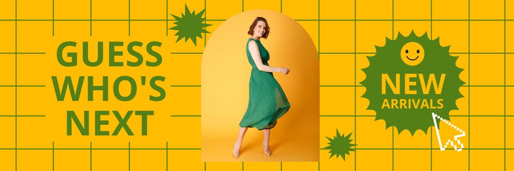 Announcement with Woman in Green Dress on Yellow Twitter Design Template