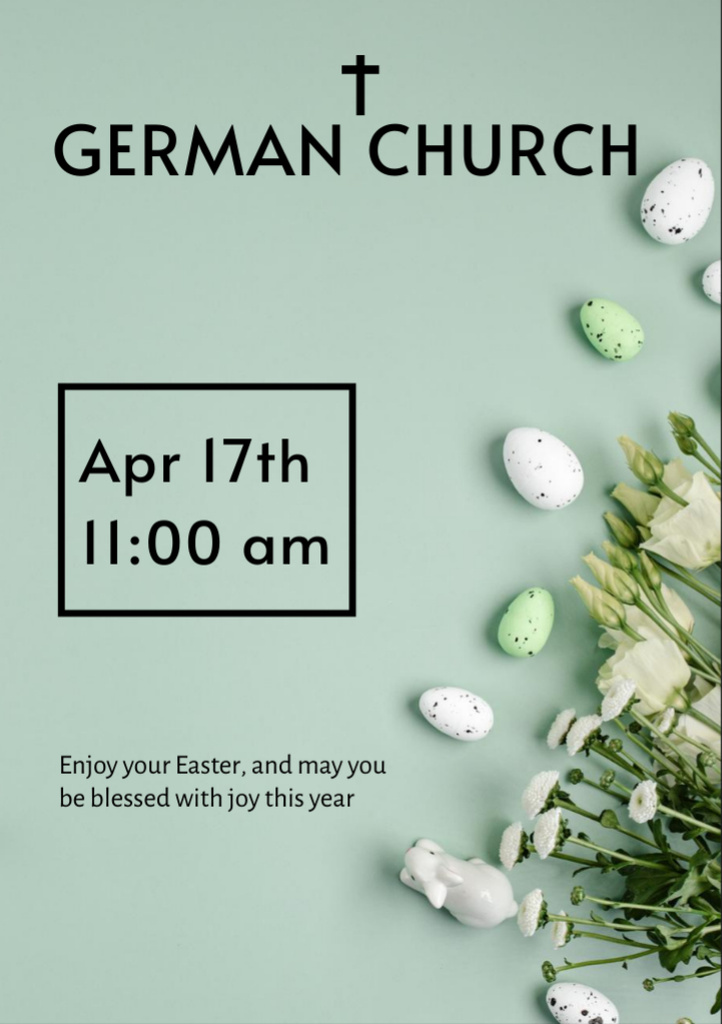 Easter Church Service Invitation with Eggs on Green Flyer A7 tervezősablon