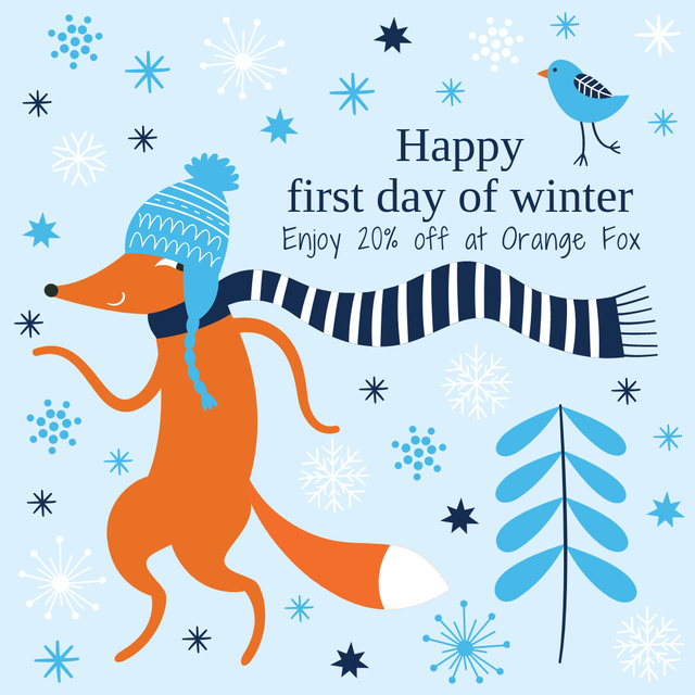 Designvorlage First Day of Winter Greeting with cute Fox für Instagram AD