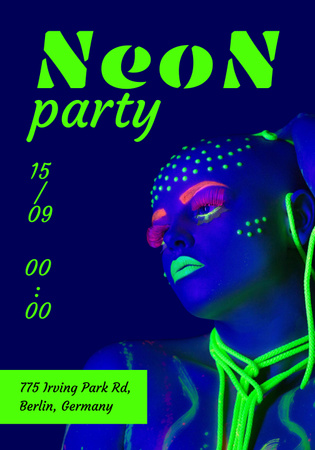 Anúncio de festa com mulher em maquiagem neon Poster 28x40in Modelo de Design