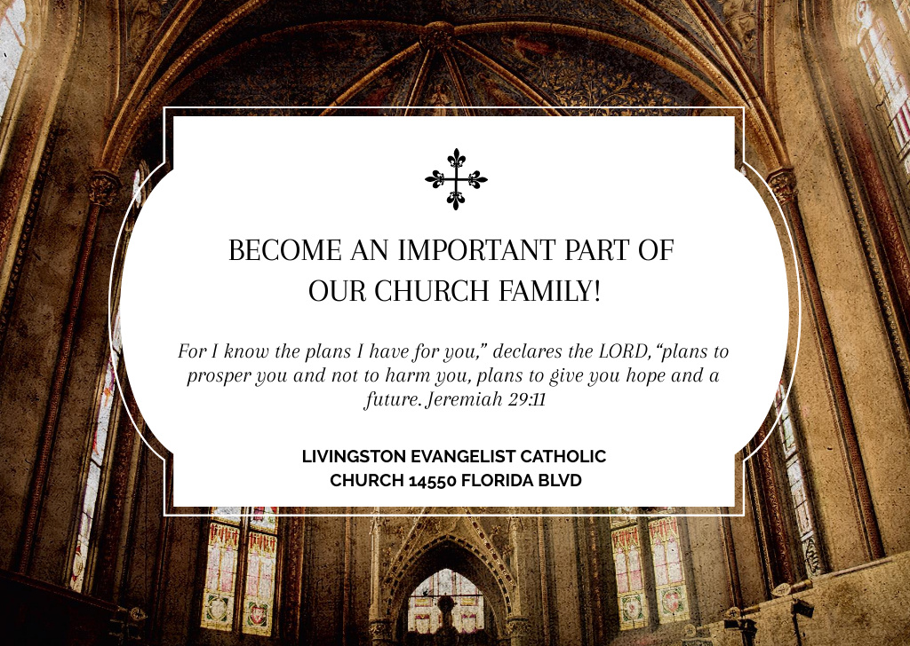 Evangelist Catholic Church Announcement with Ancient Cathedral Card Šablona návrhu