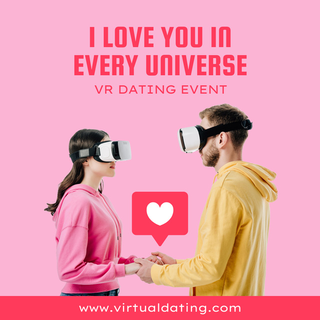 Virtual Reality Dating Ad with Couple in VR Glasses and Pink Heart Instagram Design Template