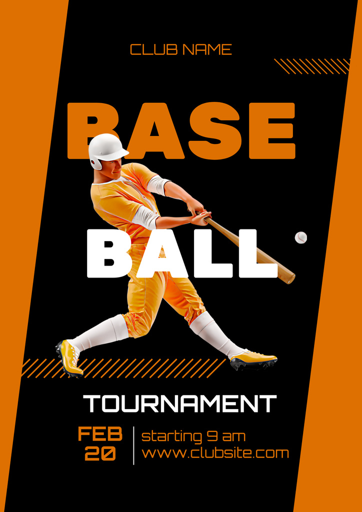 Lovely Baseball Tournament Announcement with Professional Player in Action Poster Πρότυπο σχεδίασης