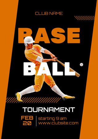 Lovely Baseball Tournament Announcement with Professional Player in Action Poster Design Template
