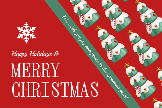 Platilla de diseño Christmas Holiday Greeting with Trees on Red Postcard 4x6in
