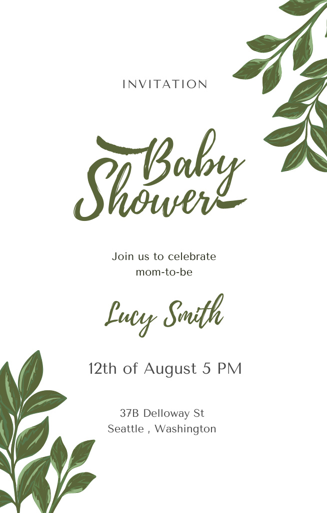 Modern Baby Shower Announcement With Green Leaves Invitation 4.6x7.2in Šablona návrhu
