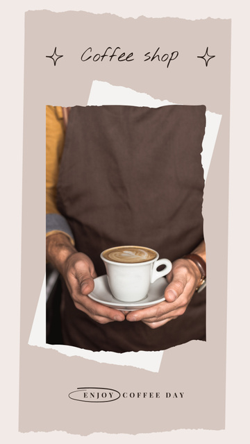 Waiter Holding Cup of Latte for Coffee Day Instagram Story Design Template