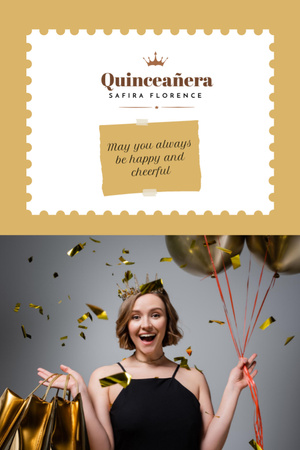 Designvorlage Happy Young Woman Celebrating Quinceañera für Postcard 4x6in Vertical