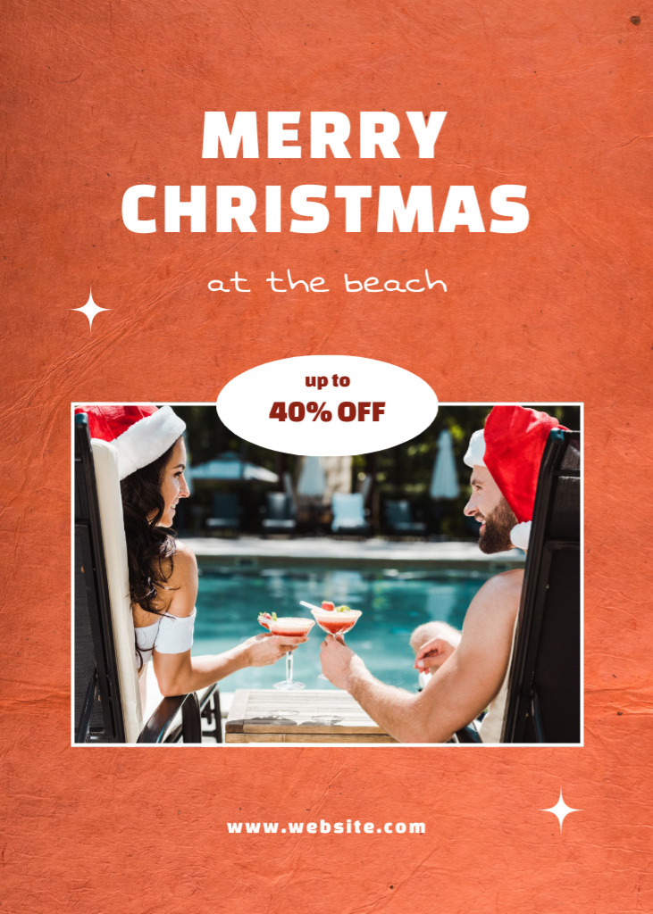 Designvorlage Man And Woman Celebrating Christmas Near Water Pool für Postcard 5x7in Vertical