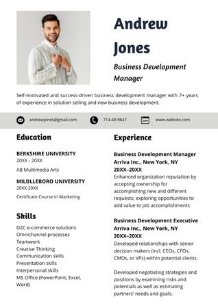 Platilla de diseño Business Development Manager Skills And Work Experience Resume