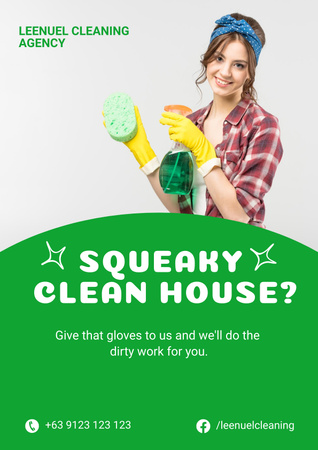 Cleaning Service Offer with Girl in Yellow Gloved Poster Design Template
