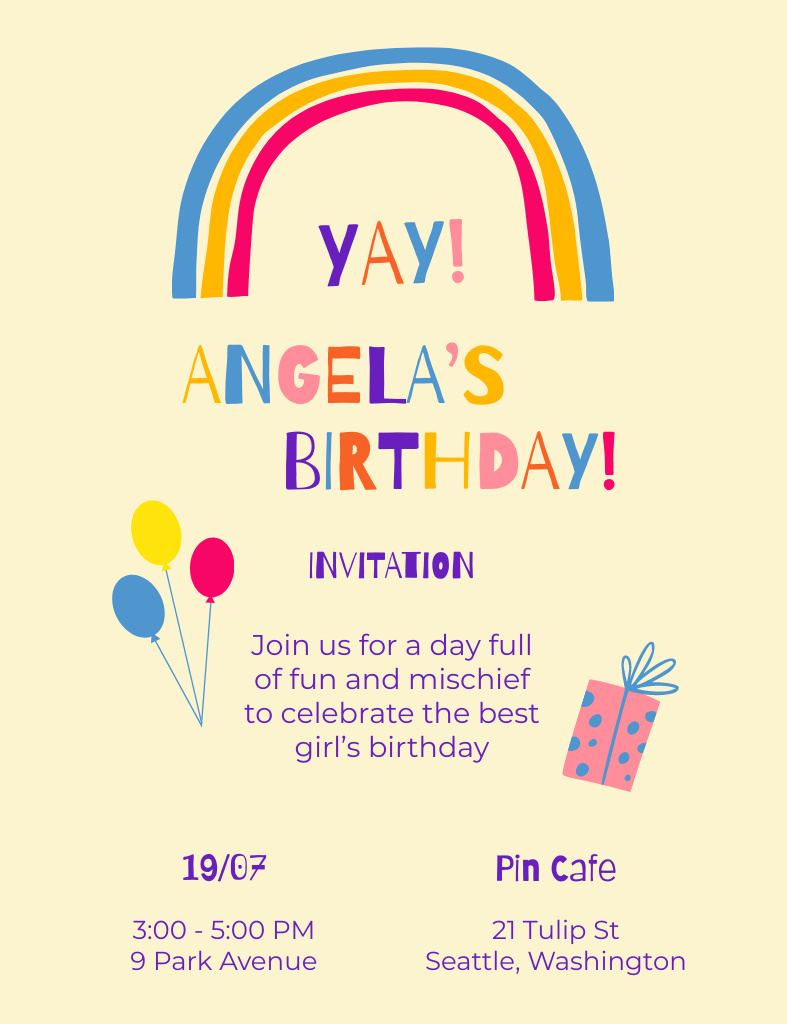 Template di design Birthday Party Announcement with Doodle Rainbow Invitation 13.9x10.7cm