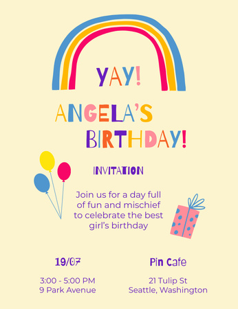 Designvorlage Ankündigung einer Geburtstagsfeier mit Doodle Rainbow für Invitation 13.9x10.7cm