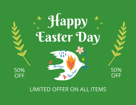 Modèle de visuel Salutation du jour de Pâques avec oiseau de printemps sur vert - Thank You Card 5.5x4in Horizontal