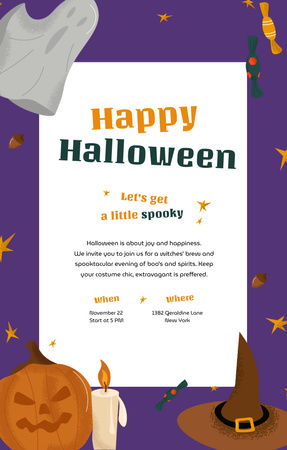 Halloween Greeting with Pumpkin and Witch Hat Invitation 4.6x7.2in Design Template
