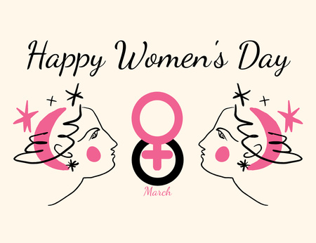 Feliz Dia da Mulher Parabéns com Rostos Femininos Thank You Card 5.5x4in Horizontal Modelo de Design