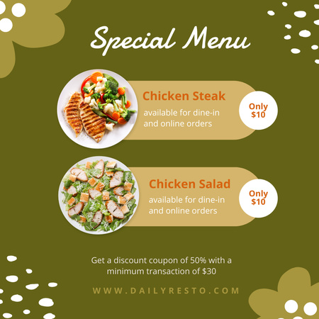 Platilla de diseño Green Offer of Chicken Steak and Salad Instagram