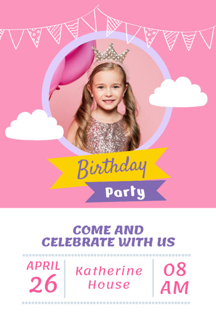 Birthday Party Invitation with Cute Girl Flyer 4x6in Šablona návrhu