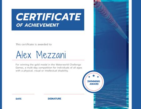 Swimming Contest Achievement with blue pool Certificateデザインテンプレート