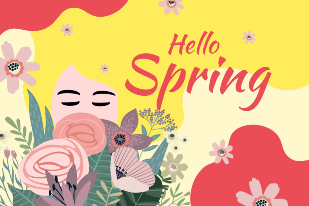 Designvorlage Dreamy Girl With Bright Blossoming Flowers für Postcard 4x6in