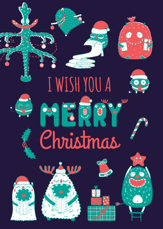 Lovely Christmas Wishes With Monsters In Blue Postcard 5x7in Vertical Šablona návrhu