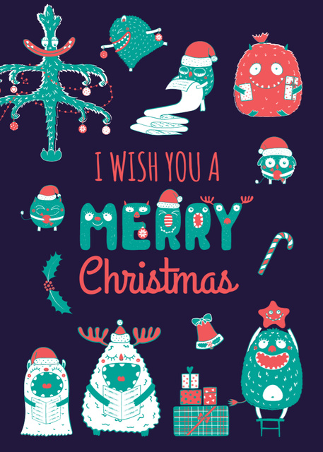 Ontwerpsjabloon van Postcard 5x7in Vertical van Lovely Christmas Wishes With Monsters In Blue
