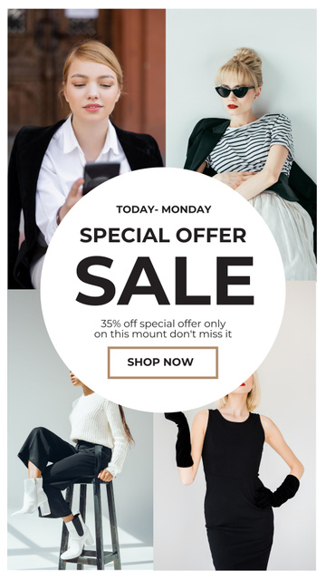 Woman Posing in Black and White Clothing for Special Fashion Sale Anouncement  Instagram Story Design Template