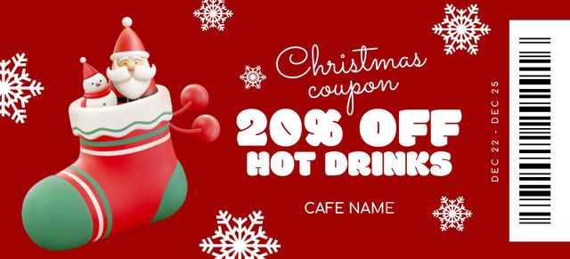 Hot Drinks Special Offer on Christmas on Red Coupon 3.75x8.25in Design Template