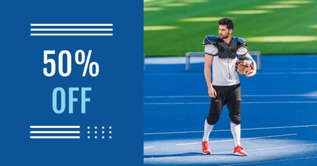 Discount Offer with Football Player holding Ball Facebook AD Design Template