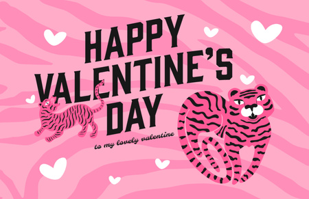 Valentine's Day Bright Holiday Greeting with Pink Tigers Thank You Card 5.5x8.5in Design Template