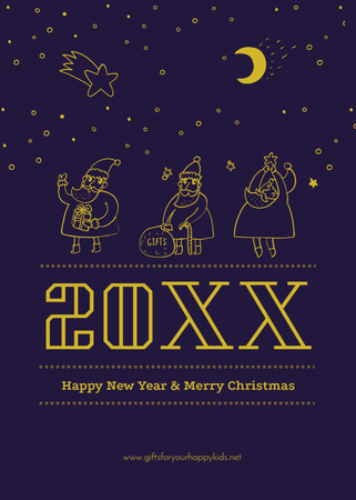 Designvorlage Frohe Weihnachtsgrüße mit Weihnachtsmännern auf Lila für Postcard 5x7in Vertical