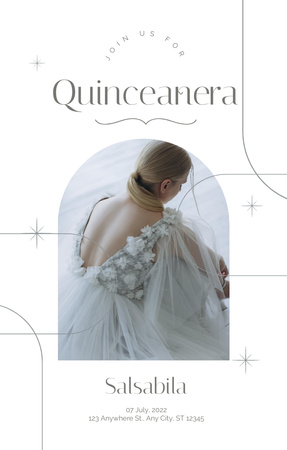 Announcement of Quinceañera with Girl in White Dress Invitation 4.6x7.2in Design Template