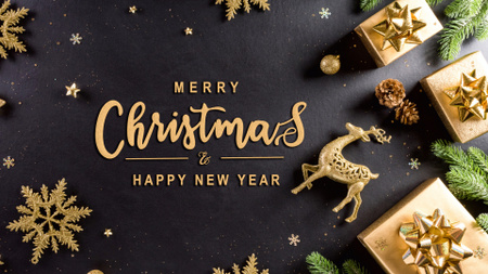 Merry Christmas and Happy New Year Greetings with Golden Deer Figurine Zoom Background Design Template