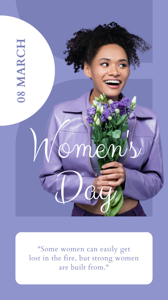 Designvorlage Happy Woman with Purple Flowers on International Women's Day für Instagram Story