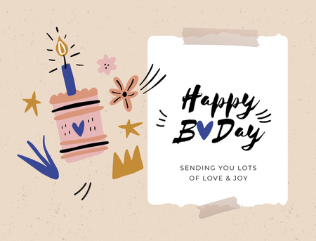 Template di design Auguri di compleanno con torta illustrata con candela Postcard 4.2x5.5in