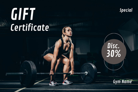 Fitness Woman Doing Deadlift in Gym Gift Certificate Design Template