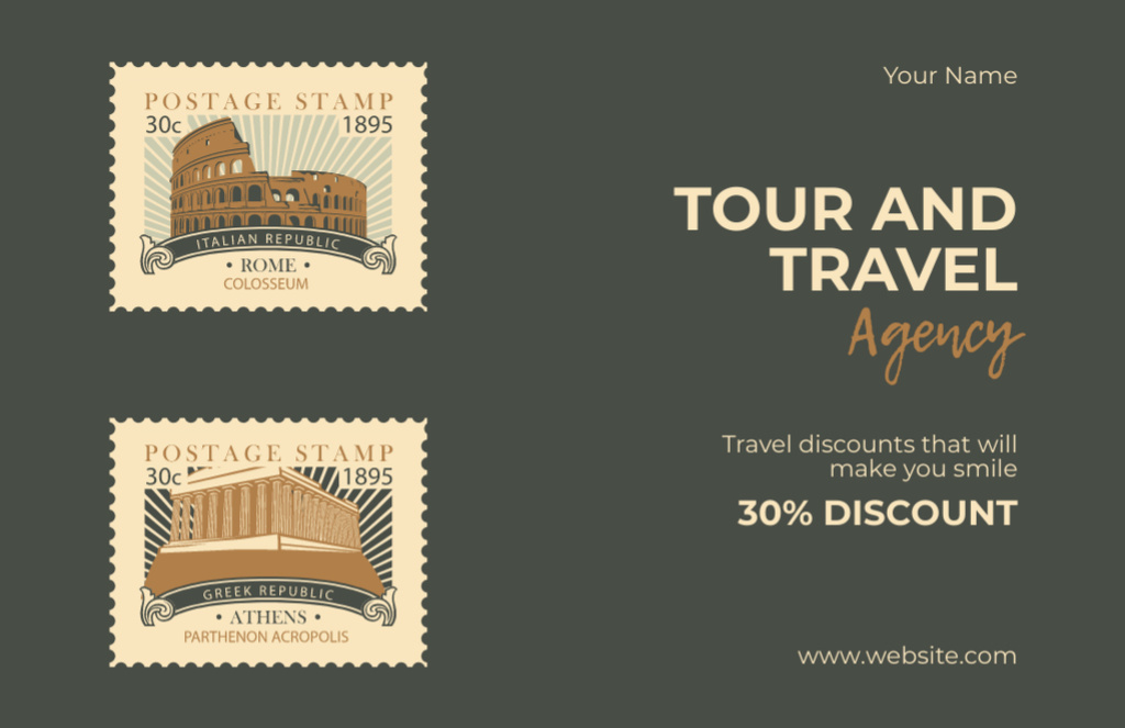 Travel Agency Discount Offer with Vintage Postal Stamps on Green Thank You Card 5.5x8.5inデザインテンプレート
