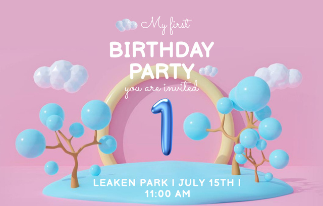 Designvorlage Unforgettable Baby Birthday Party Bright Announcement für Invitation 4.6x7.2in Horizontal