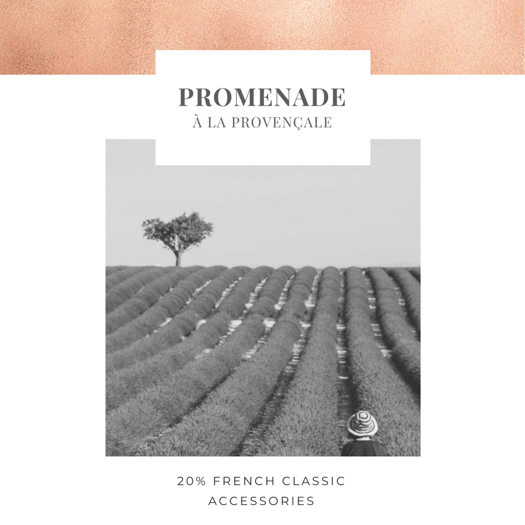 Designvorlage French accessories Offer with Woman in lavender field für Instagram