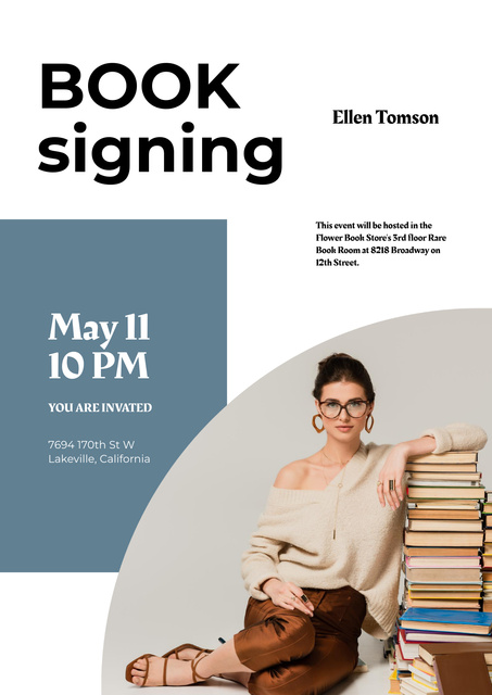 Book Signing Announcement with Woman Author Poster tervezősablon
