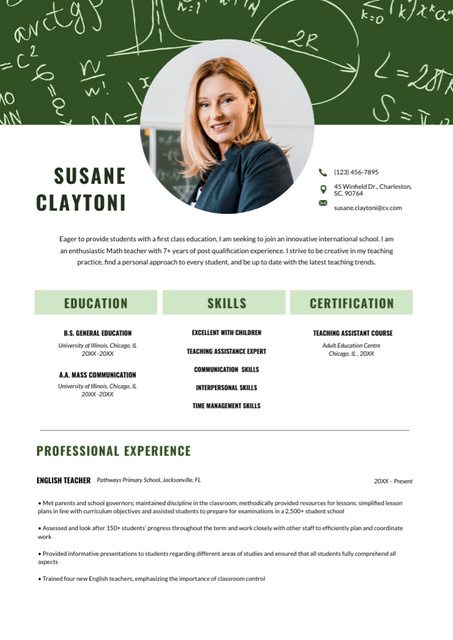 Template di design English Teacher professional skills and experience Resume