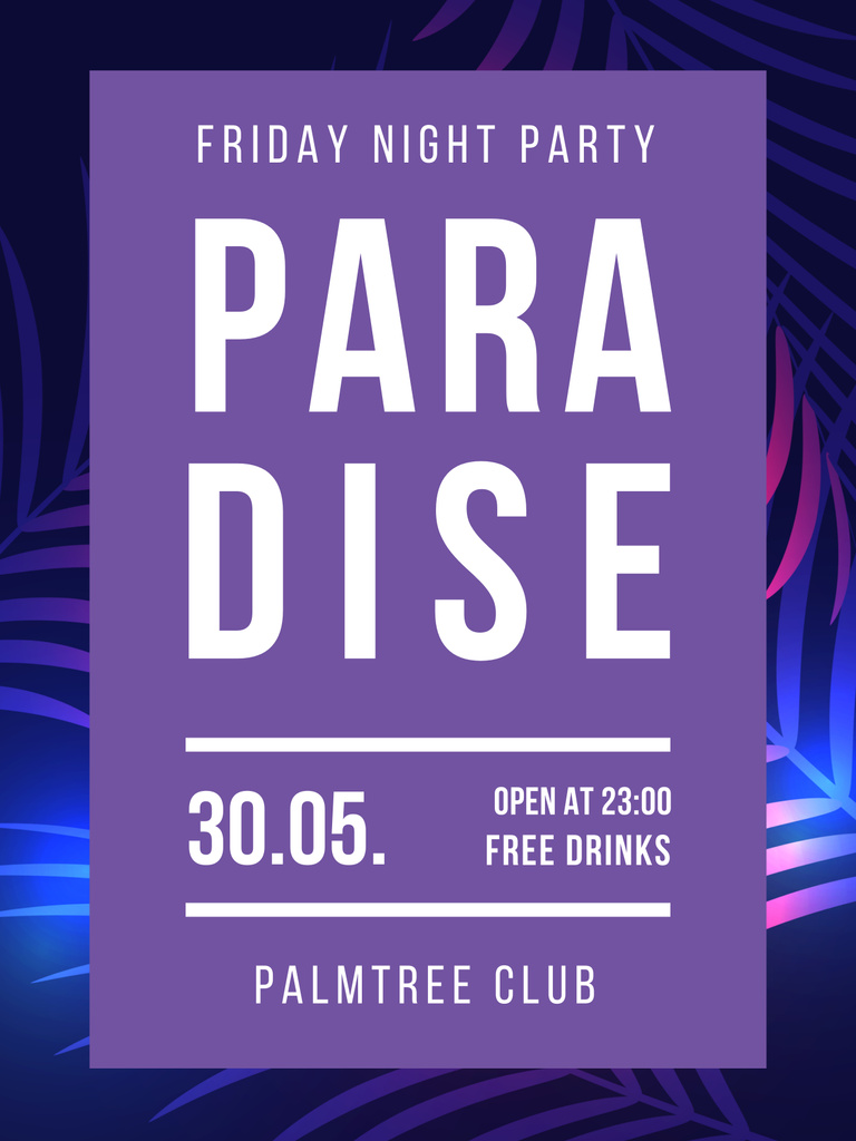 Night Party with Tropical Palm Leaves Illustration Poster 36x48in Design Template