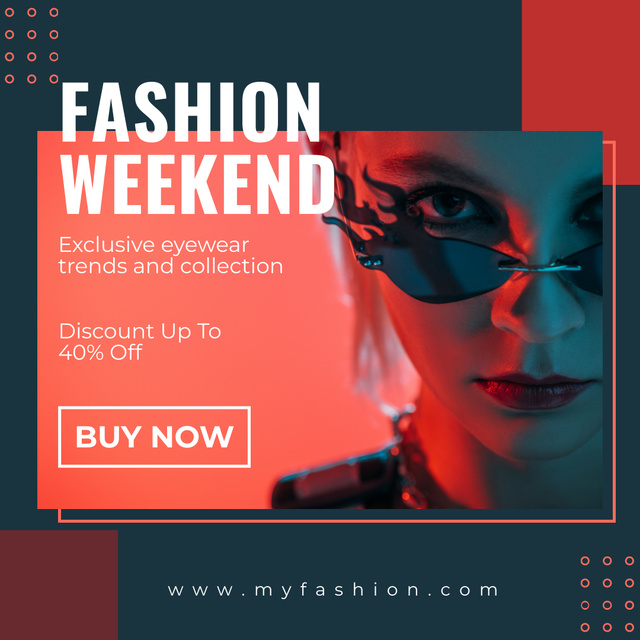 Fashion Weekend Discount Ad with Woman in Modern Eyewear Instagram Tasarım Şablonu