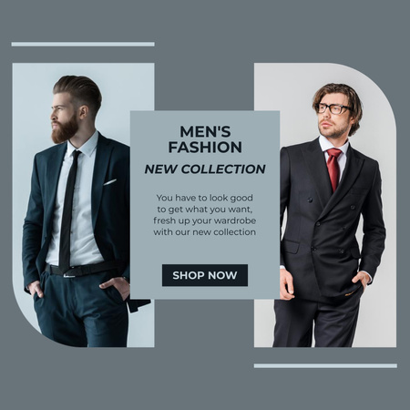 Male Clothing New Collection Anouncement with Businessmen Instagram Modelo de Design