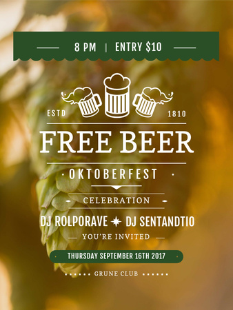 Octoberfest invitation with Beer and hop Poster US Design Template