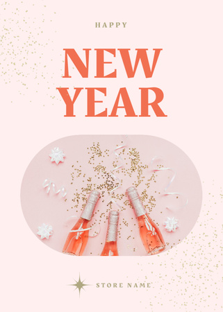 Platilla de diseño Idyllic New Year Greeting with Champagne Bottles Postcard 5x7in Vertical