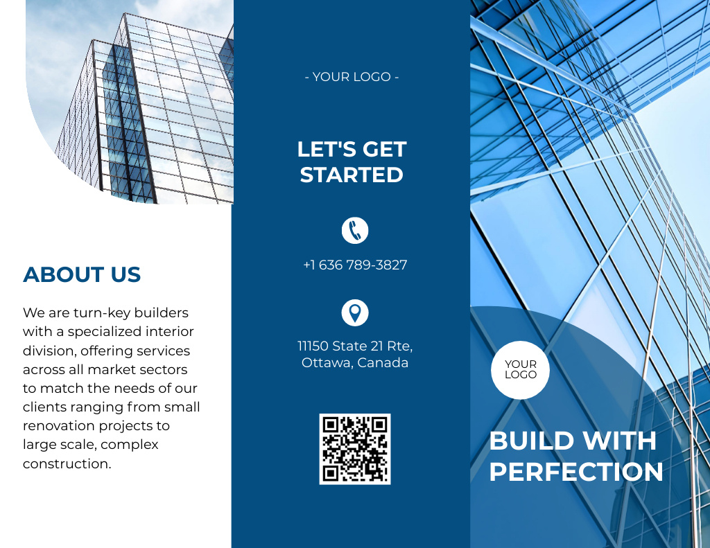 Construction Company Services Ad with Skyscrapers Brochure 8.5x11in Modelo de Design