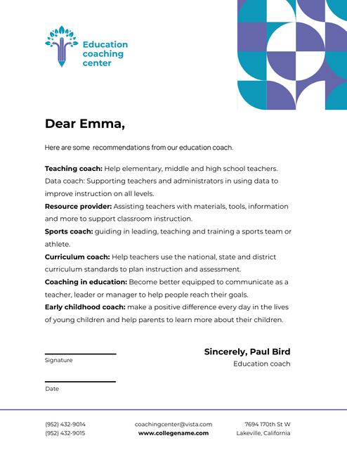 Designvorlage Letter of Recommendations From Education Coaching Center für Letterhead 8.5x11in