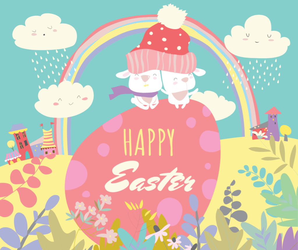Modèle de visuel Cute bunnies on Easter Egg - Facebook
